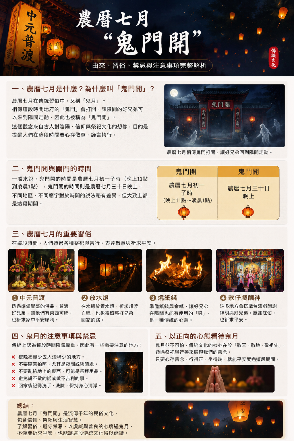農曆七月鬼月習俗與常見禁忌意象圖