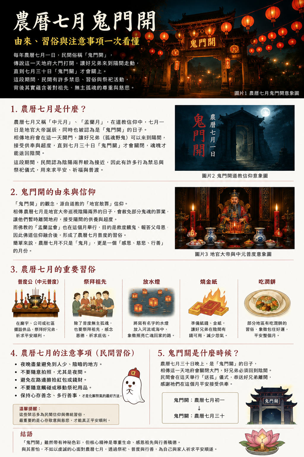 臺灣中元普渡供桌與農曆七月祭拜習俗示意圖