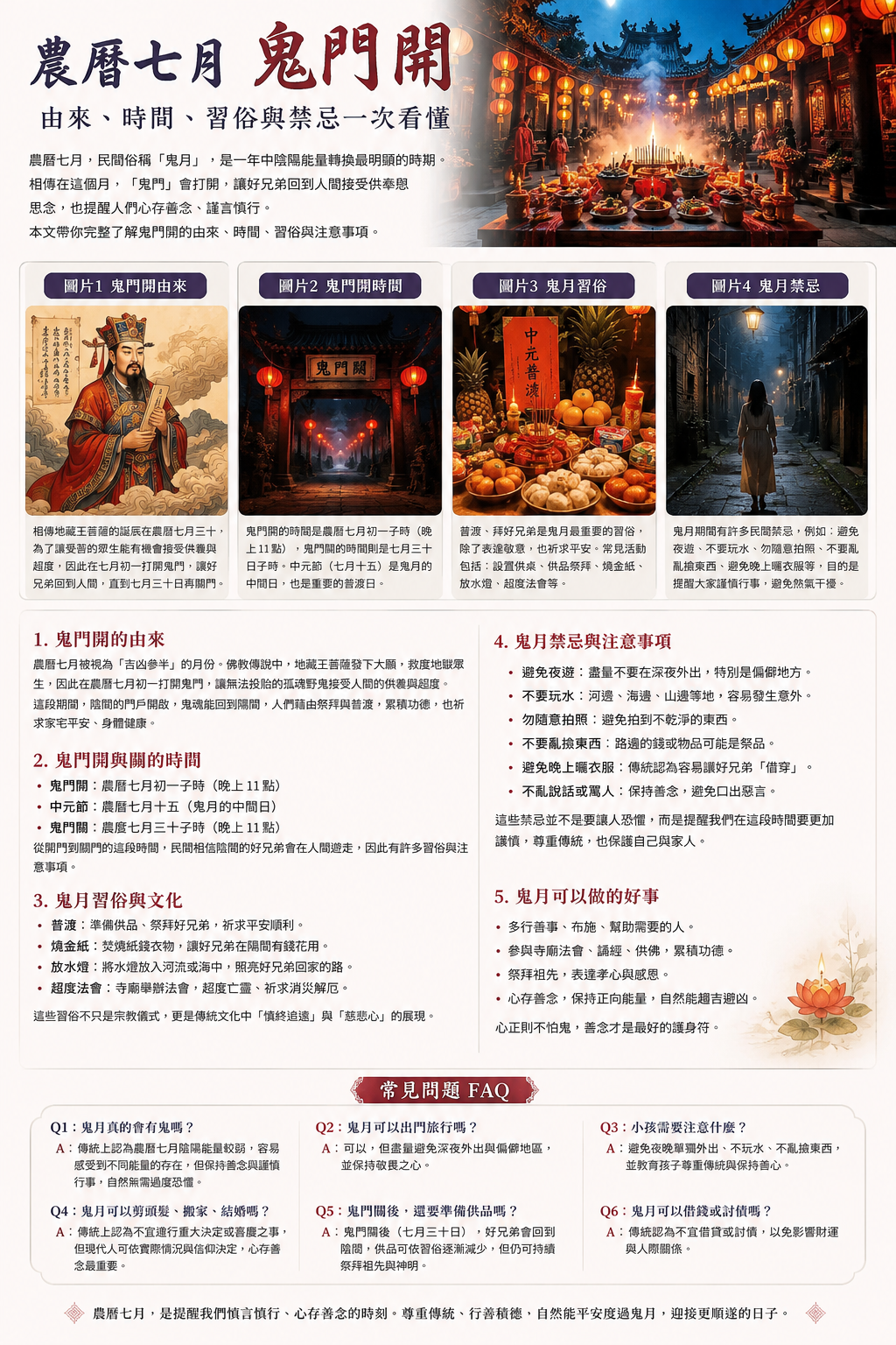 農曆七月放水燈與中元祭典文化示意圖
