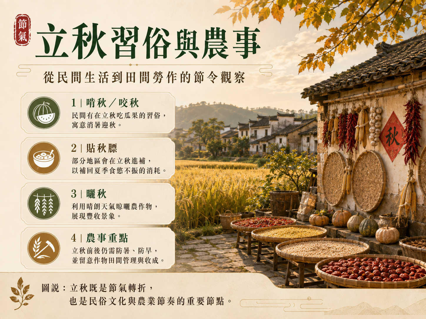 立秋習俗與農事示意，包含農作、曬秋與季節農產