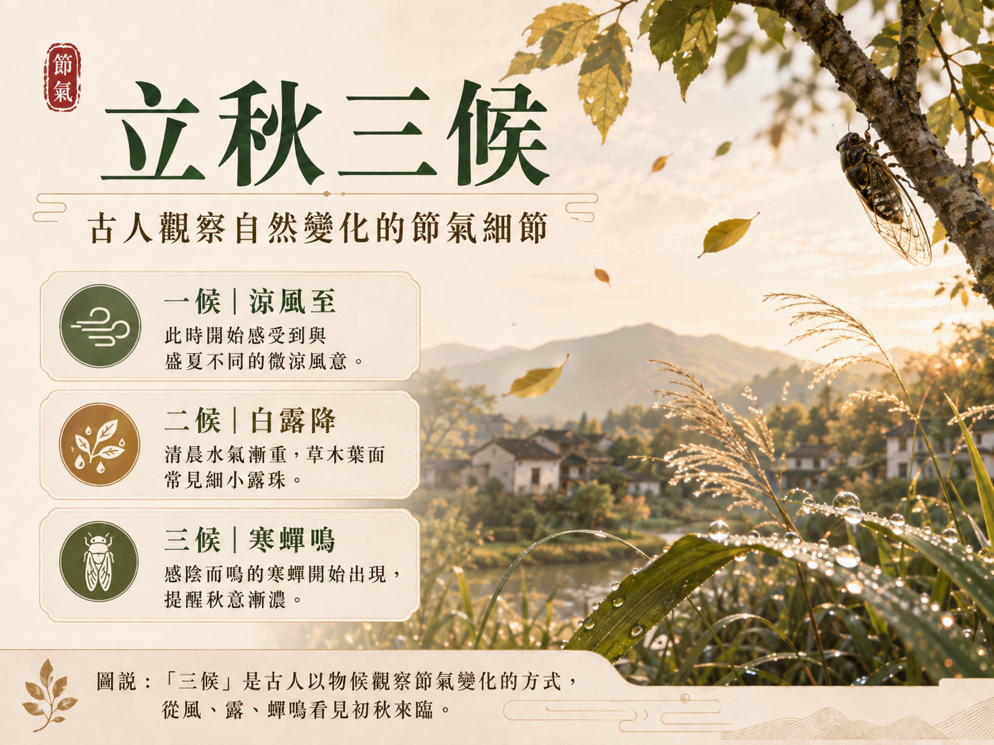 立秋三候圖解，涼風至、白露生、寒蟬鳴